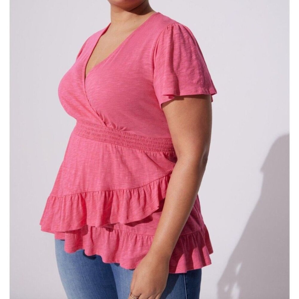 NEW Torrid Womens Plus‎ 2X Surplice Faux Wrap Top Honeysuckle Pink Ruffle Hem